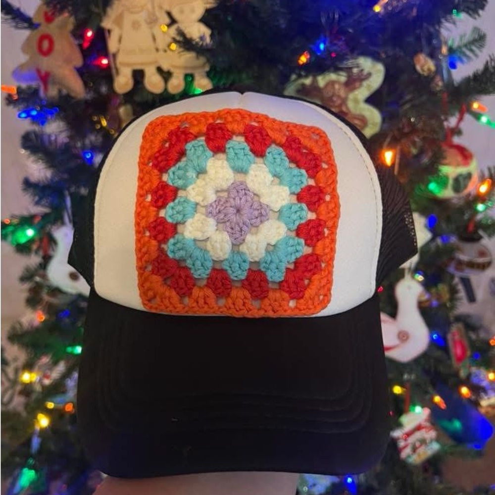 Colorful Granny Square Crochet Patch Trucker Hat